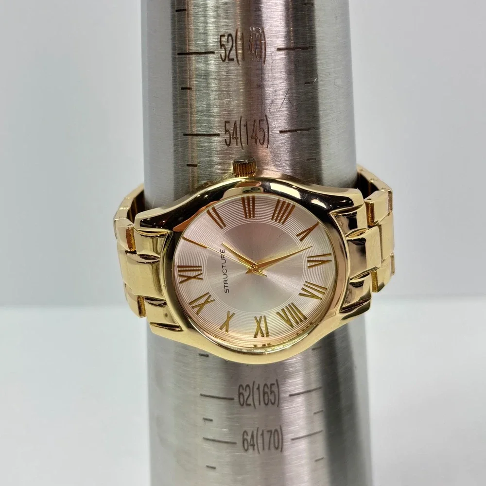 STRUCTURE Gold Tone Mens Watch NIB Roman Numeral Watch Stainless Steel Band